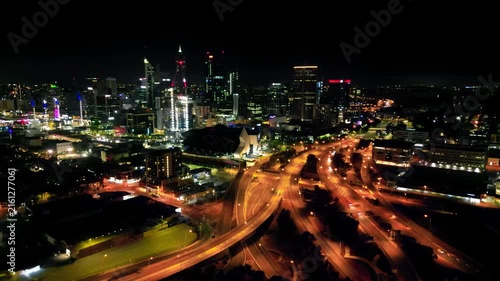 Aerial drone video of Perth downtown and cityscape glowing