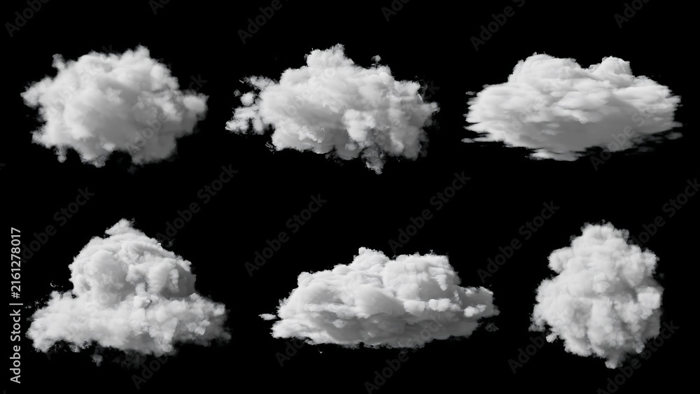 Naklejka premium Six distinct fluffy white cloud formations presented against a stark black background, showcasing various shapes and textures.