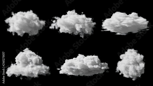 Six distinct fluffy white cloud formations presented against a stark black background, showcasing various shapes and textures.