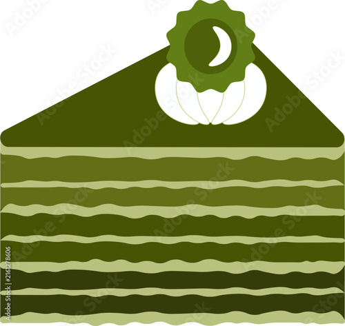 ​A slice of matcha crepe cake with cream topping and decorative badge, flat vector illustration isolated on white background