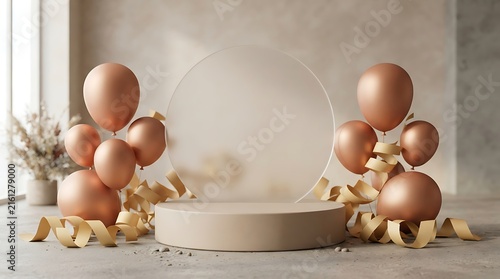 Empty podium display stand with rose gold balloons and ribbons for product presentation and luxury celebration