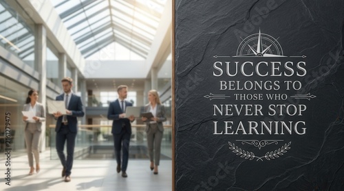 Modern corporate business team in an office building engaging in discussion with motivational success message on a chalkboard wall, professional teamwork concept