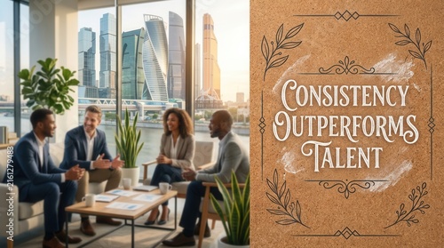 Business team in modern office meeting discussing strategies with city skyline view and sunlight in background, emphasizing teamwork and corporate environment