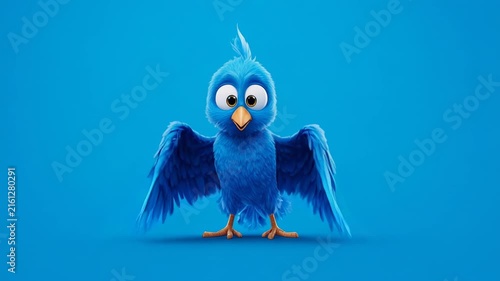 Blue cartoon bird with outstretched wings in a cheerful pose against a vibrant blue background