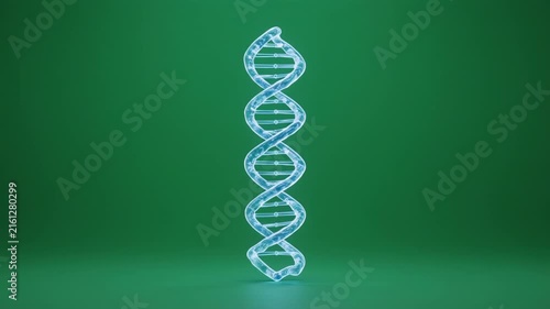 DNA helix structure rotation in blue light against a dark green gradient background with copy space