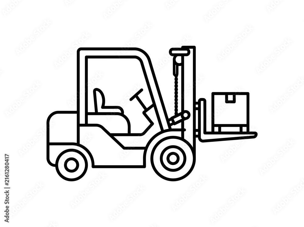 Naklejka premium Warehouse forklift lifting cardboard box outline icon.