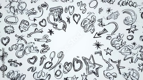 Doodle pattern with celestial and musical elements on white background with black stripes
