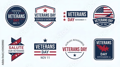 Collection of vintage style veterans day badges and patriotic american designs