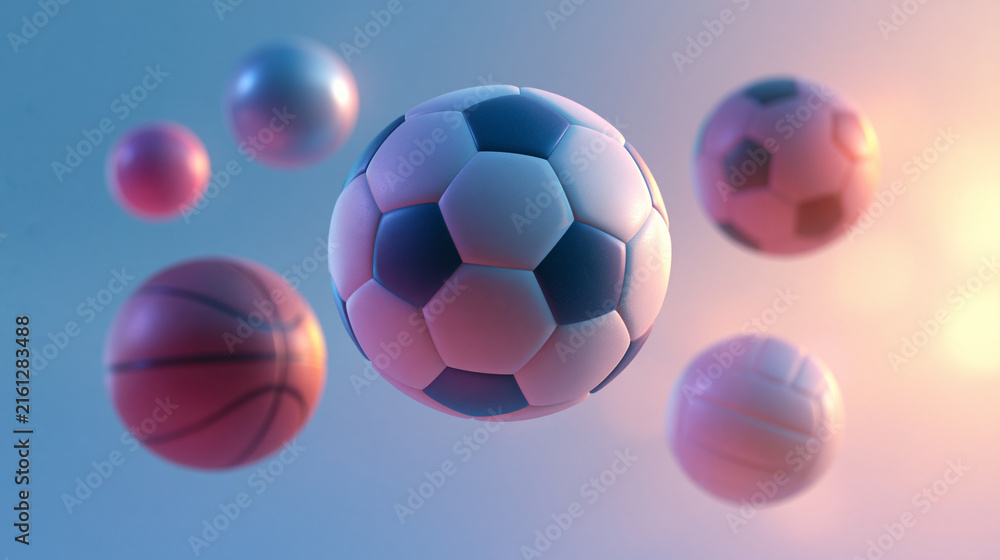 Naklejka premium Floating colorful sports balls including soccer and basketball representing athletic equipment against soft gradient light background.