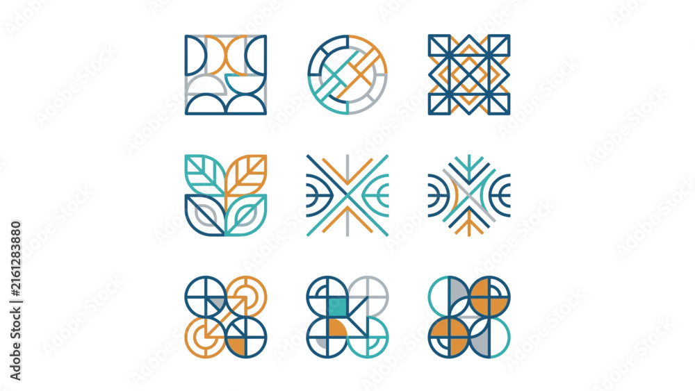 Fototapeta premium Set of nine abstract circular and leaf-inspired icons in teal and gold.
