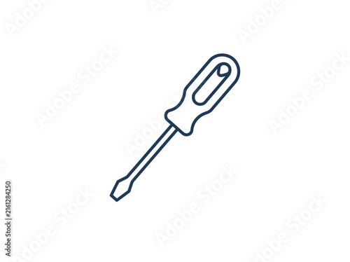 Handheld flathead screwdriver tool with blue handle.
