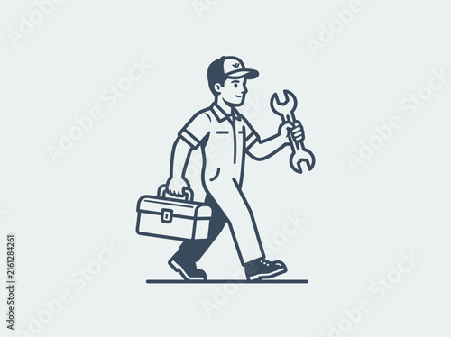 Handyman line art icon with toolbox and wrench.