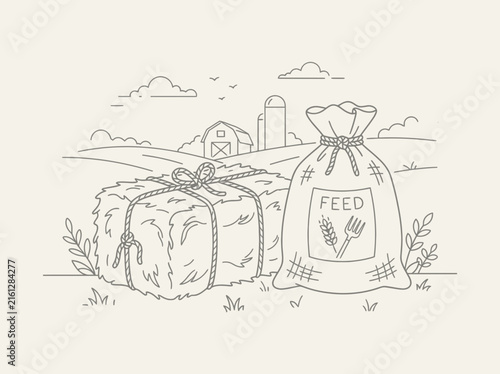 Hay bale and farm feed bag rural line art.