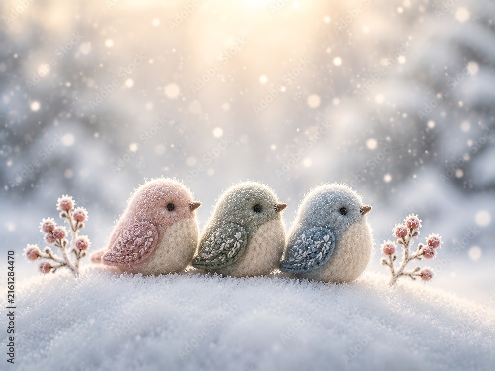 Obraz premium Three small cute knitted birds sitting together on a snowy hill in a winter forest with soft sunlight and falling snowflakes in the background