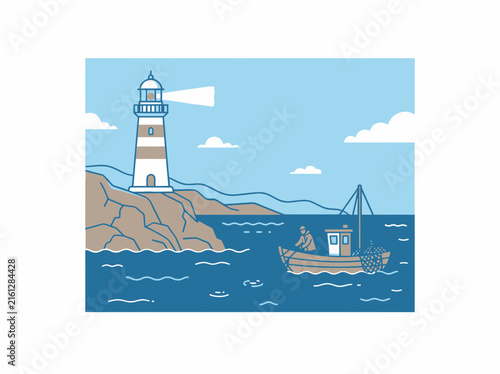 Lighthouse on cliff with small fishing vessel.