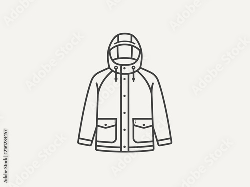 Line drawing of a hooded rain jacket.