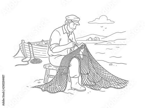 Line drawing of fisherman mending net on the beach.