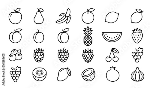 Fruit market black line pictogram collection with fresh fruits berries and citrus vector