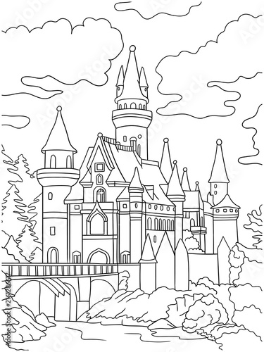 Foto Magical fairytale castle with towers, bridge, and clouds vector line art illustration