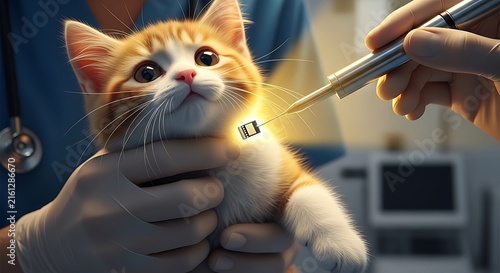 Veterinarian implanting a digital microchip in a ginger kitten