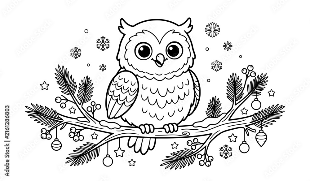Fototapeta premium Adorable Winter Owl on Branch – Holiday Coloring Sheet for Kids