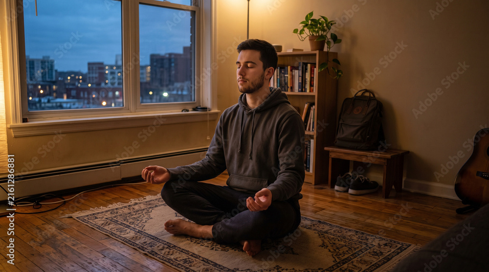 Fototapeta premium Man meditating in lotus position indoors at dusk with city view