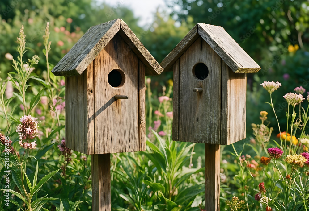 Fototapeta premium Wildlife habitat and backyard birding, two rustic wooden birdhouses in a lush garden with wildflowers
