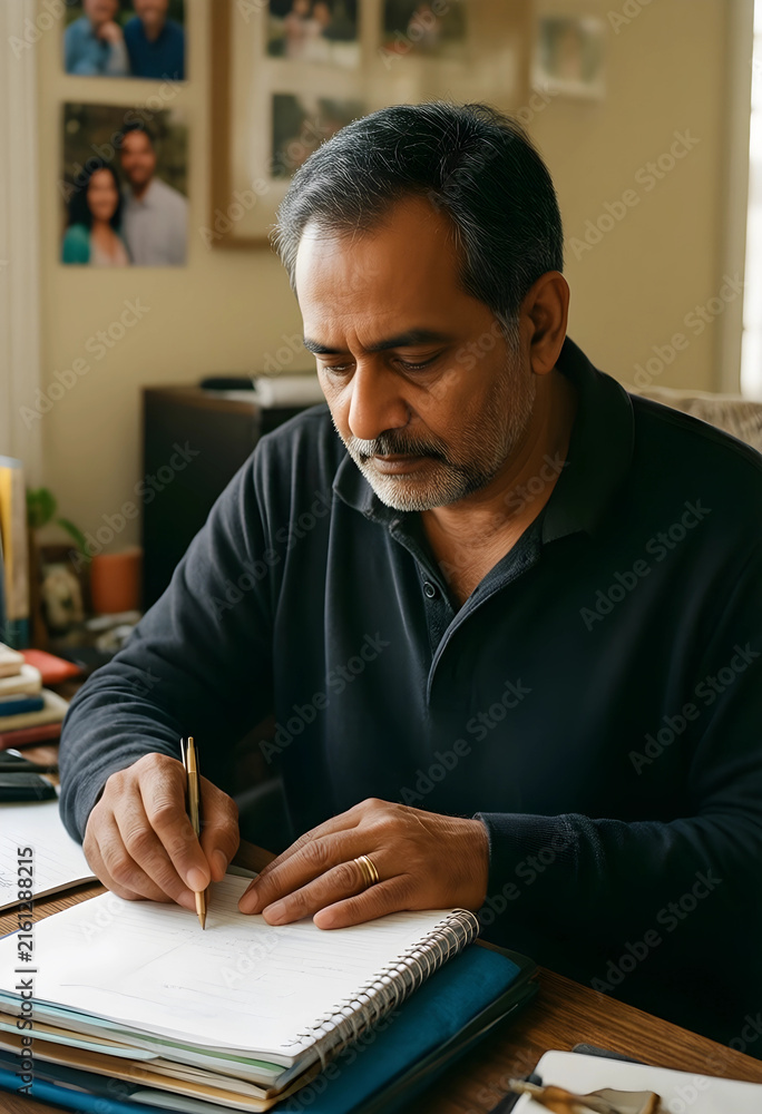 Obraz premium Adult education and lifelong learning, mature man writing in a notebook at home, focused on personal development