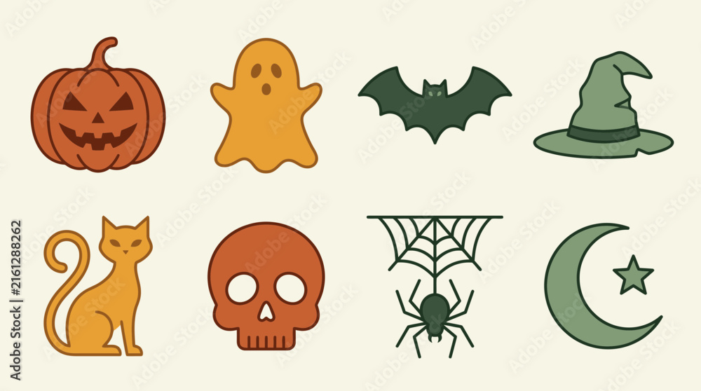 Obraz premium Minimalist Halloween Vector Icon Set with Pumpkin, Ghost, Bat, and Skull