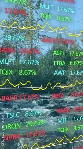 Animation of stock market and diagrams over landscape