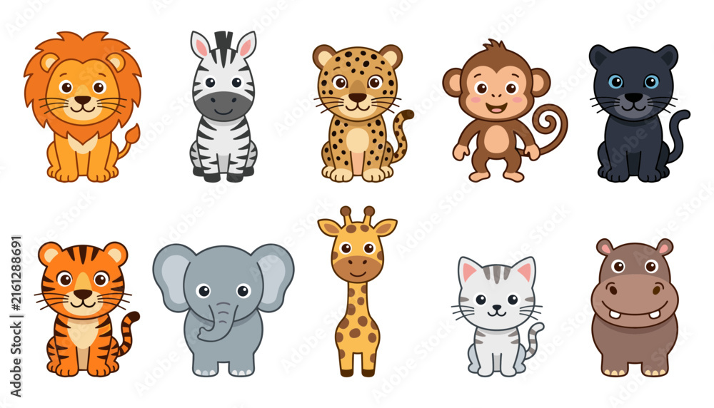 Obraz premium Cute safari animals vector characters set featuring cartoon lion zebra leopard monkey panther tiger elephant giraffe cat and hippo for kids design