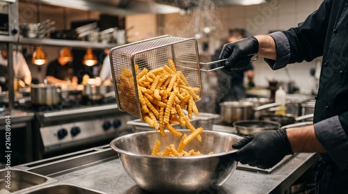 Professional chef wearing black gloves carefully pours hot crispy golden crinkle cut french fries from a metal wire basket into a large silver bowl inside kitchen