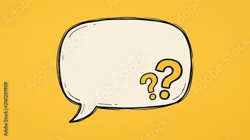 Empty speech bubble with question marks on a bright yellow background