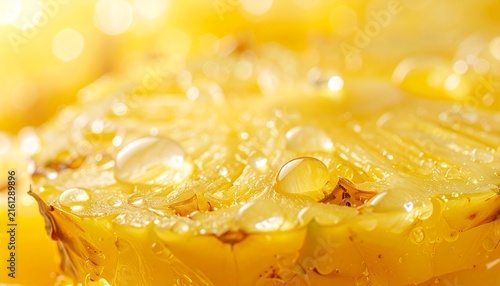 Macro View of Fresh Yellow Pineapple Slices Covered in Sparkling Water Droplets