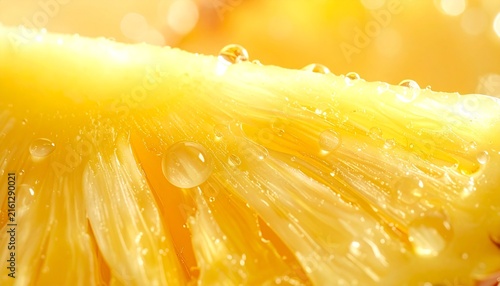 Close up macro shot of a fresh juicy pineapple slice covered with sparkling water droplets