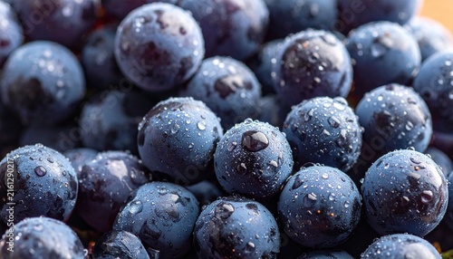 Macro shot of fresh ripe blue grapes covered in sparkling water droplets organic fruit texture backdrop