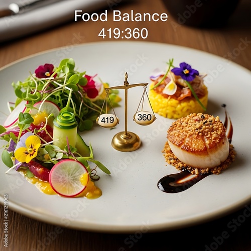 Gourmet meal on plate with scale symbolizing nutritional balance