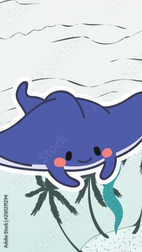 Animation of blue stingray fish swimming on sea background