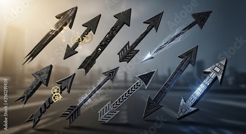 Futuristic black arrow icons featuring gears and energy effects