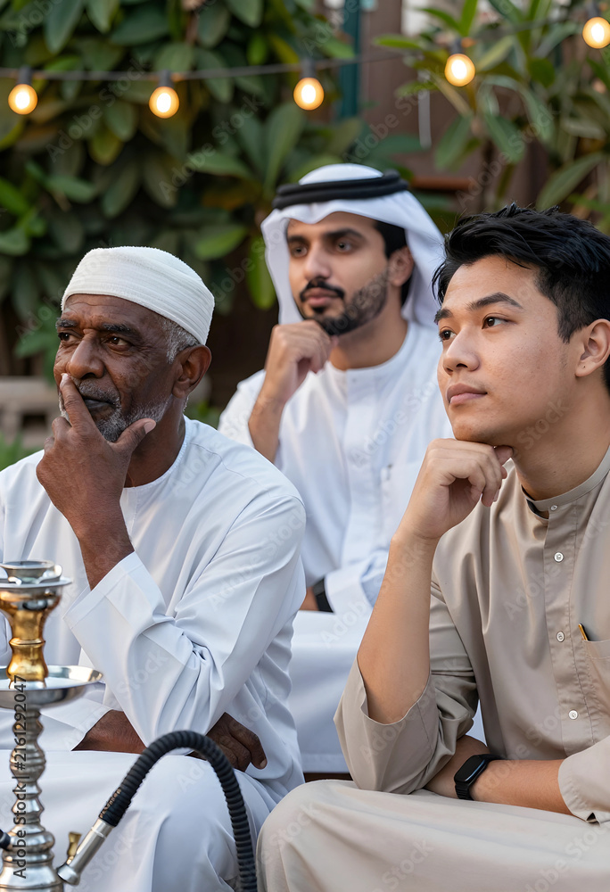 Obraz premium Multigenerational arab men in traditional clothing, cultural diversity and community gathering, thoughtful expressions outdoors