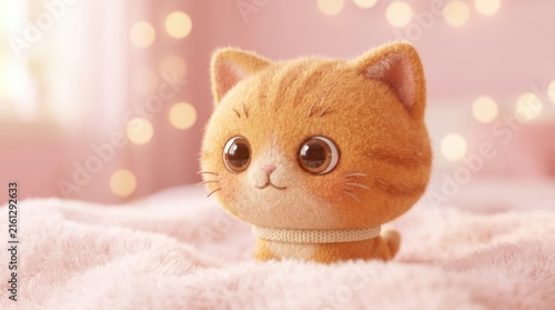 Adorable fluffy orange toy cat figurine with big eyes sitting on a soft pink blanket background