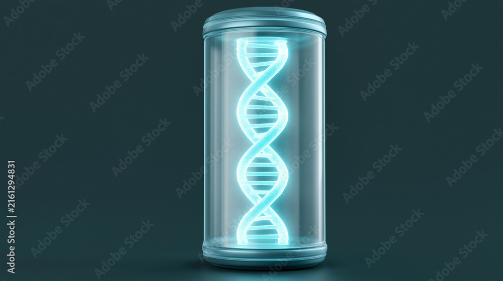 Fototapeta premium Glowing dna strand inside transparent glass cylinder for genetic research and biotechnology science visualization.