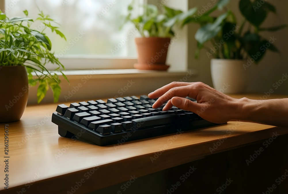 Fototapeta premium Remote work and home office productivity, person typing on a computer keyboard at a wooden desk with houseplants