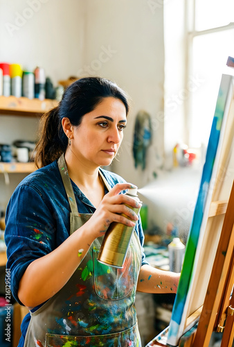 Creative art process and artistic expression, woman artist spraying fixative on canvas in a studio