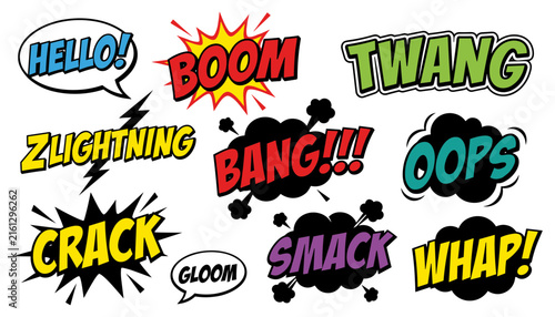 Retro speech bubbles and dark smoke clouds featuring hello twang zlightning smack and whap verbal onomatopoeia expressions