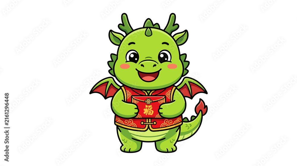 Fototapeta premium Cute Cartoon Green Dragon Holding Red Envelope, Chinese New Year