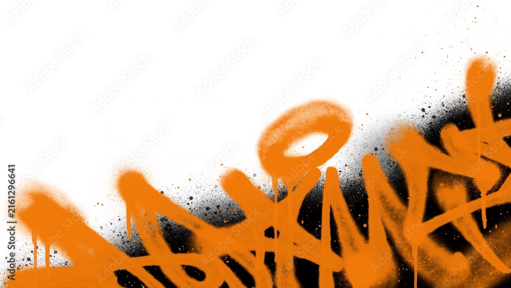 Fototapeta premium Orange and black spray paint drips corner frame clip art. Abstract aerosol graffiti tagging texture background isolated on white background for urban banner layout.