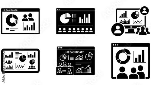 HR dashboard analytics interface with charts, employee icons, and performance metrics for workforce management reporting