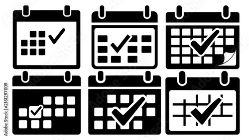 Calendar checklist icons illustrating scheduled tasks, appointment confirmation, date selection, and planning workflow in a simple dark editable vector style
