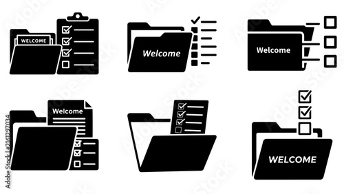 Folder and checklist icon collection for onboarding welcome documents, organization, task management, and file sorting in dark silhouette style